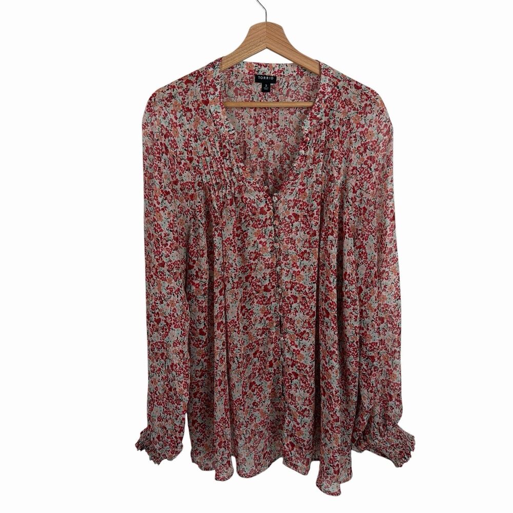 Torrid Womens 3X Blouse Top Floral Boho Cottagecore Button Front Balloon Sleeves